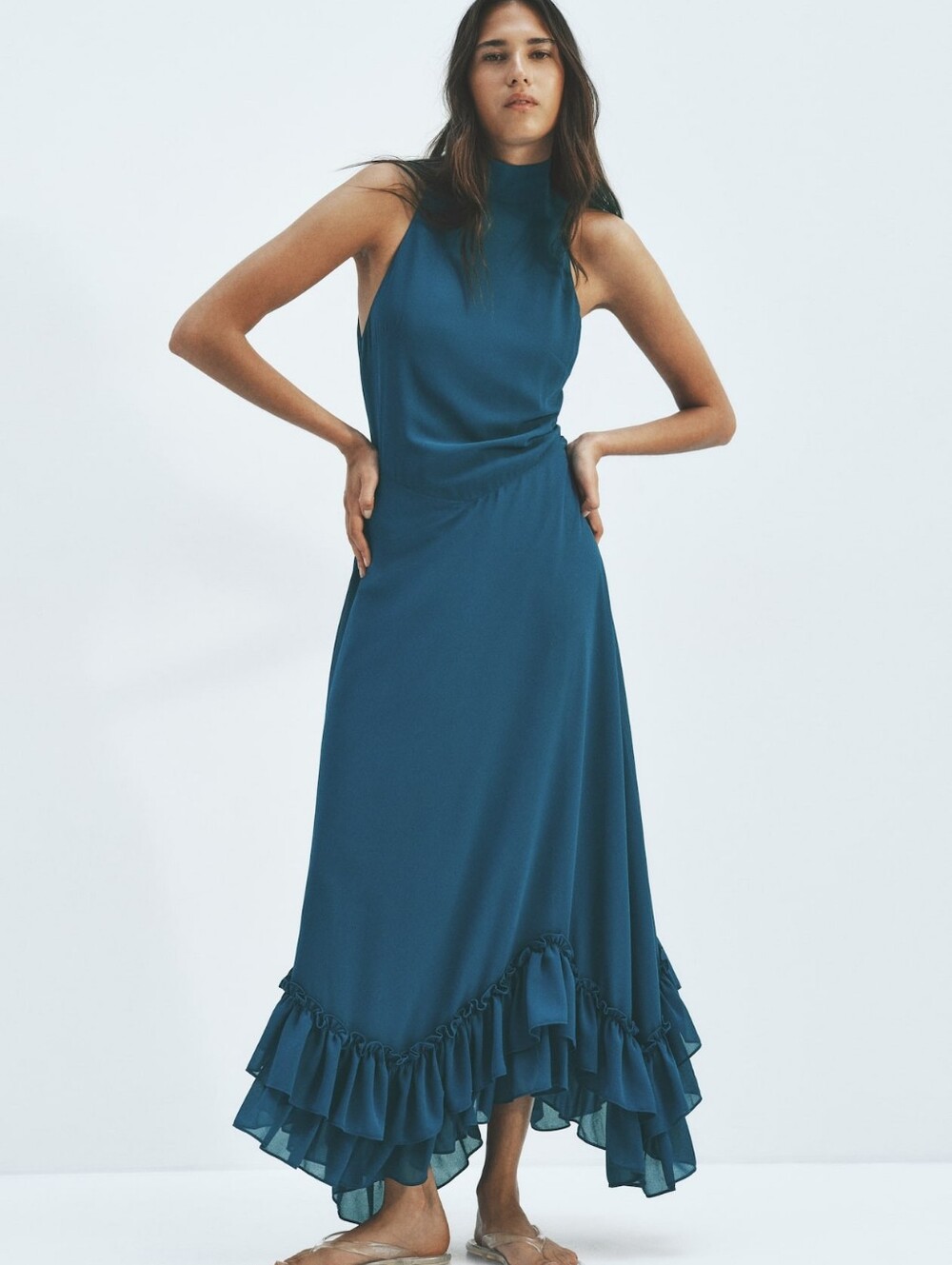H&M Ruffled Maxi Dress In Turquoise Sleeveless Lined Bnwt Cic Boho Style
